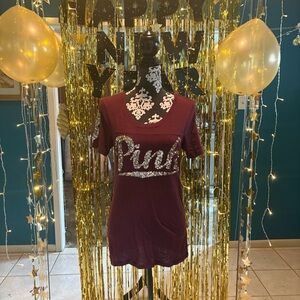 Victoria’s Secret PINK * Maroon & Gold Sequin Bling Tee T-Shirt GUC Large L Cute